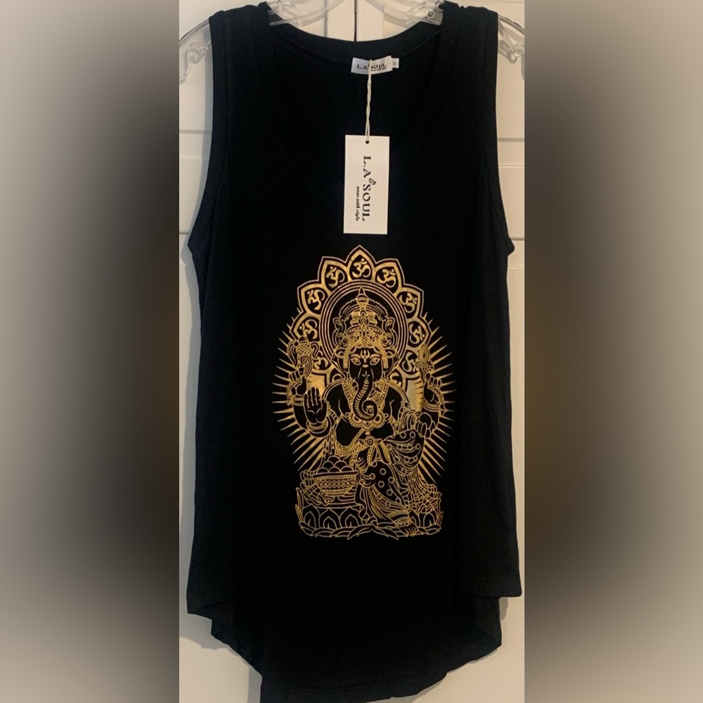 Gold Ganesh Pattern on Black V Neck Tank Top LA Soul (pit to pit 19”) NEW NWT